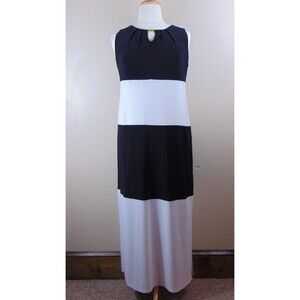 Chico's Long Maxi Dress 2 Large 12 Black White Sleeveless Lined Poly Span Slit